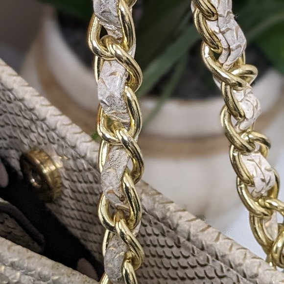 Anne Klein Shoulder Bag Purse, Off White, Snake Skin Look Gold Accents - Picture 12 of 13